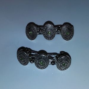 Barrette Set Silver with Green Rhinestone